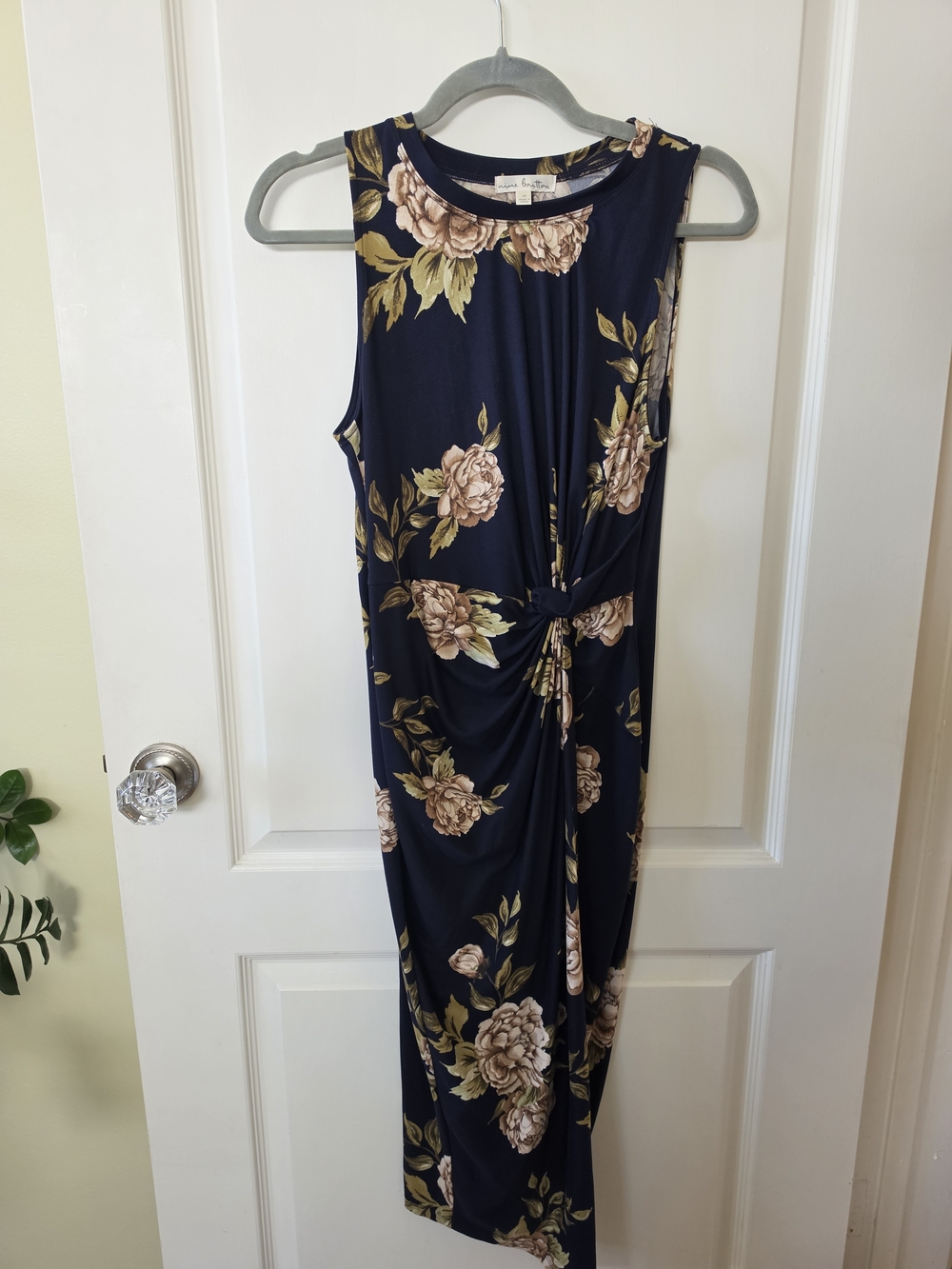 Sleeveless Navy Floral Twist-Front Maxi Dress